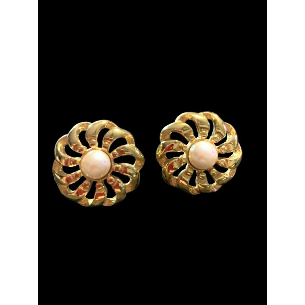 Vintage Monet Gold-Tone Swirl Flower Earrings Faux Pearl Classic Elegance Retro